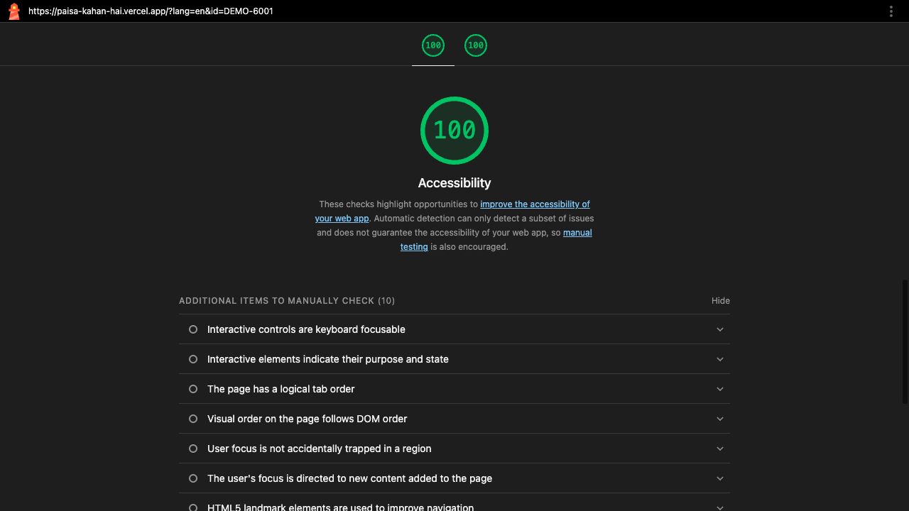 Genuine Lighthouse accessibility report for the live fictional diagnosis page, showing an accessibility score of 100 and the list of additional checks that still require manual review.